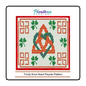 May include: A peyote stitch beading pattern featuring a trinity knot heart design with orange, green, and blue beads. The pattern is surrounded by four shamrock designs and four square designs.