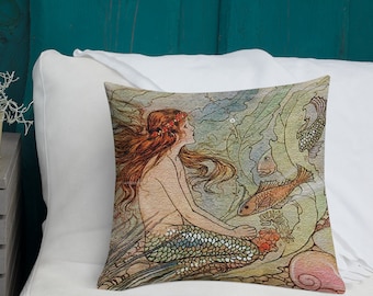 Vintage Mermaid Illustration Pillow: Under the Sea, Linen Feel