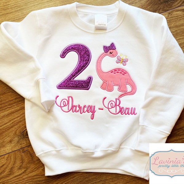 Pink Dinosaur Personalised Birthday Number Sweatshirt, Girls Pink Dino Jumper, Birthday Sweatshirt Embroidered Dinosaur Any Number, Name