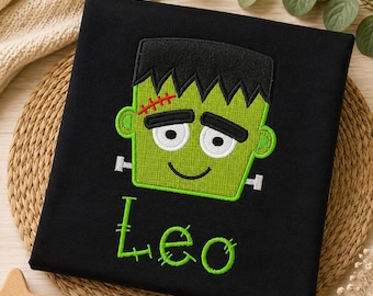 Frankenstein Halloween T-Shirt Personalised, Halloween Fancy Dress Top, Halloween Party, Embroidered Frankenstein T-Shirt Fun Party Gifts