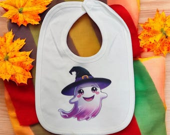 personalised Halloween Baby Bib, Ghost Witch Hat Bib, Printed Baby Ghost Halloween Bib, first Halloween Bib, Gifts