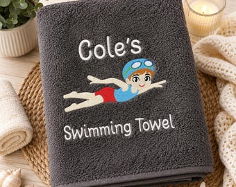 Asciugamano da nuoto personalizzato ricamato, con disegno di un nuotatore bambino.