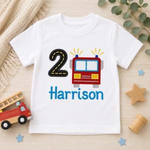 Red Fire Engine Birthday T-Shirt, Custom Embroidered Name