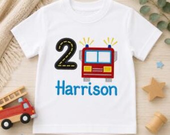 Red Fire Engine Birthday T-Shirt, Custom Embroidered Name