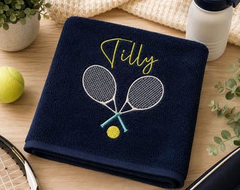 Asciugamano da tennis personalizzato, racchetta e pallina da tennis ricamate, asciugamano sportivo con nome personalizzato, regalo per tennista, regalo per lei o per lui