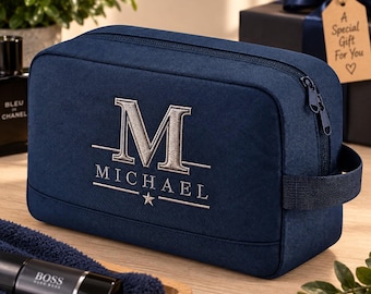 Personalised Mens Wash Bag, Embroidered Initial Toiletry Bag, Christmas Gift for Him, Dad Husband Grandad Gift