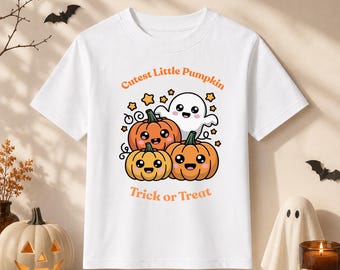 Cutest Little Pumpkin Kids Halloween T-Shirt | Cute Ghost and Pumpkin Shirt | Trick or Treat Tee for Boys & Girls | Kawaii Halloween Top