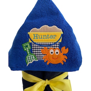 Personalised Childrens Beach Hooded Towel, Hooded Bath Towel, Embroidered Name Bucket, Spade, Holiday Swimming, Kids Custom Beach Towel