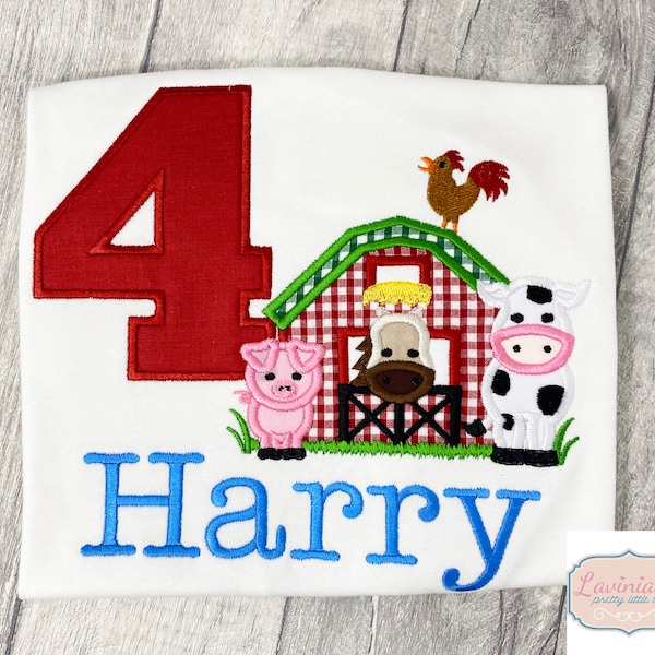 Personalised Barnyard Cow, Pig and Number Birthday T-Shirt, Boys Farm Animal Number T-Shirt, Embroidered Any Name, Age T-Shirt, Cow Farmer
