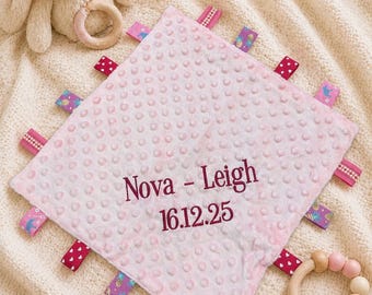 Personalised Baby Soft Dimple Comforter Tag, Taggy Blanket, Embroidered Custom Name, Soft Polyester (35x35cm)