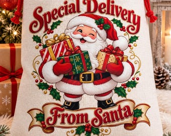 Santa Sack, Special Delivery From Santa Christmas Gift Bag, Father Christmas Present Sack, Reusable Xmas Stocking Bag, Christmas Eve Gift