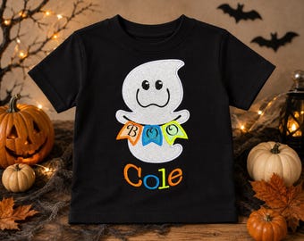 Boys Halloween Ghost Boo T-Shirt, Glitter Personalised Ghost T-Shirt, Boys Fancy Dress Party Top, Halloween White Glitter Ghost T shirt