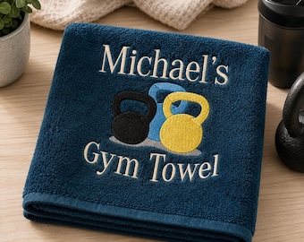 Asciugamano da palestra personalizzato, con ricamo di un kettlebell, regalo personalizzato con nome.