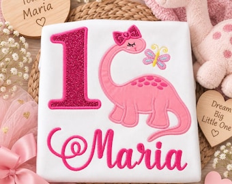 Maglietta rosa da compleanno per bambina con dinosauro, dinosauro ricamato, numero personalizzato