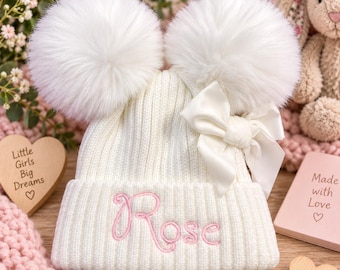Personalised Hat With Double Pom Pom, Babies Embroidered Name Hat, Knitted Hat Baby's Name, Pom Pom Velvet Bow, 0 - 12 Months, Winter Hat