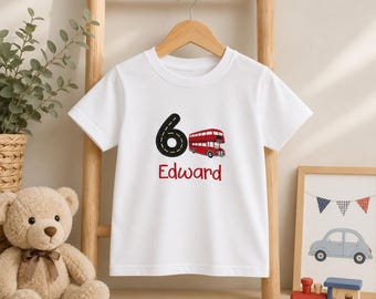 Embroidered Red Bus Birthday Shirt, Personalised Number Tee, Boys Gift