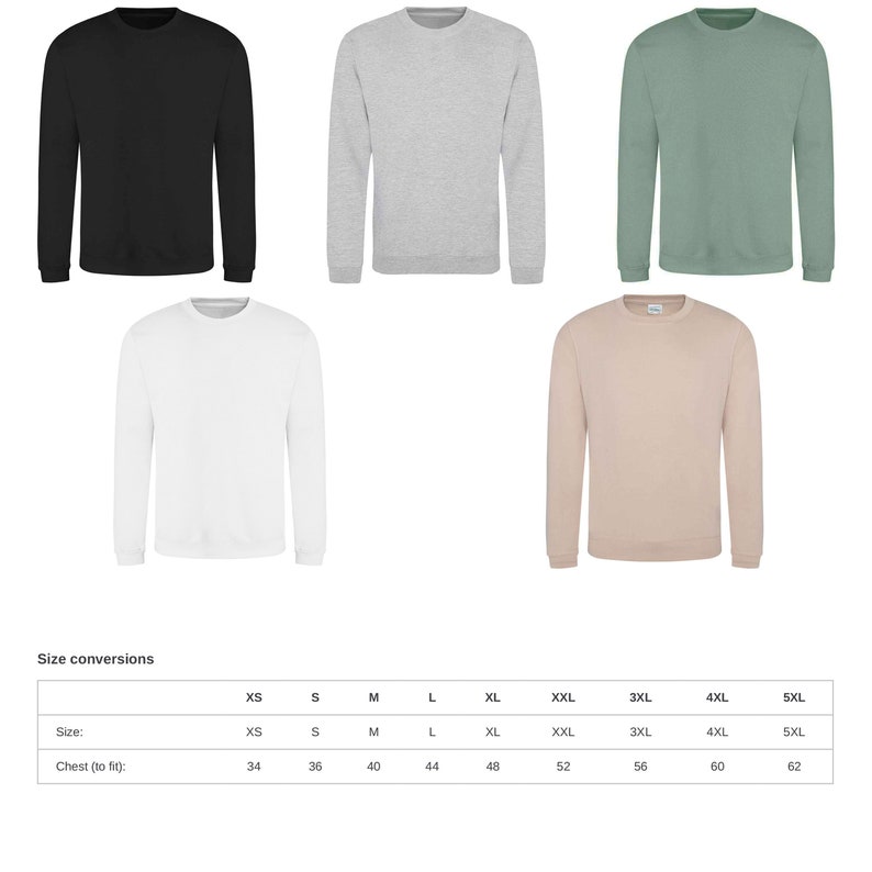 May include: Five crew neck sweatshirts in black, gray, white, sage green, and beige. The image includes a size conversion chart with chest measurements ranging from 34 to 62 inches. These sweatshirts are a versatile addition to any wardrobe.