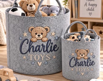 Personalised Toy Storage Basket, Kids Felt Toy Bag, Custom Name Nursery Storage, Teddy Bear Toy Basket, Faux Embroidery, Baby Gift