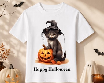 Cute Halloween Cat T-Shirt | Black Kitten Pumpkin Shirt | Happy Halloween Tee | Witch Cat Graphic Top | Spooky Season Shirt