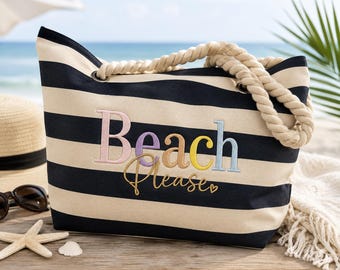 Bolso de playa con rayas bordadas, bolso tote de lona de algodón con estampado náutico.