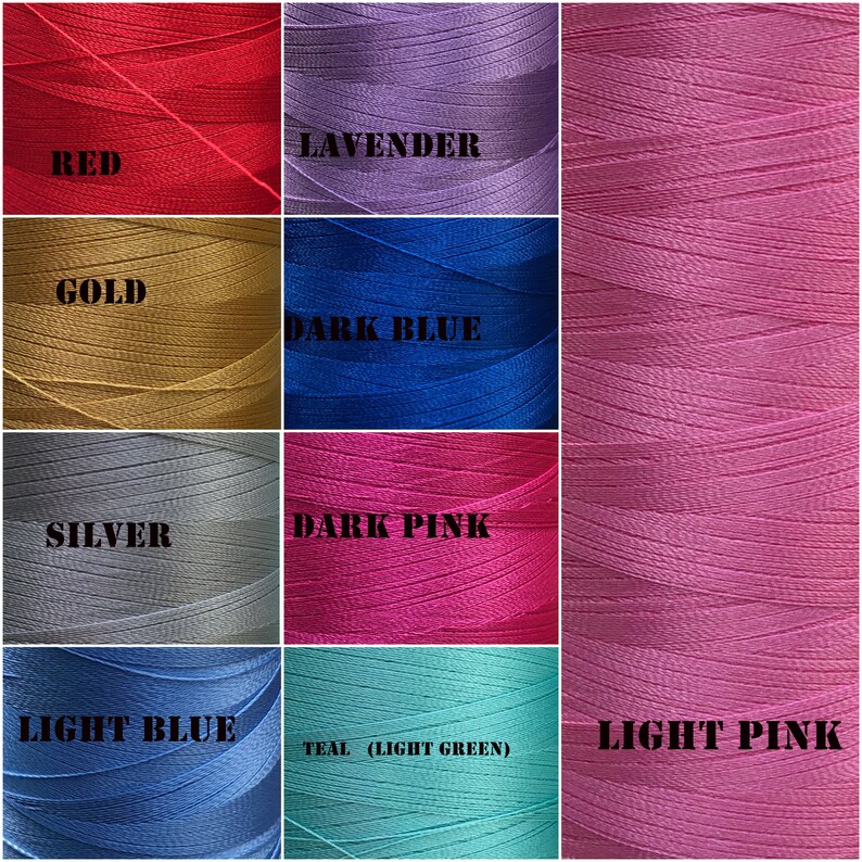 May include: A grid of colorful spools of thread, each labeled with a color name. Colors include red, lavender, gold, dark blue, silver, dark pink, light blue, teal, and light pink. The thread is tightly wound on the spools.
