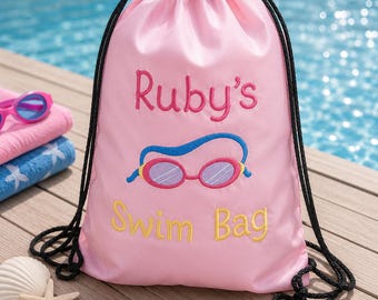 Personalised Girls Swimming PE Bag, Embroidered Swimming Goggles Design, Personalised Drawstring PE Back to School Bag, Gifts, Fast Delivery