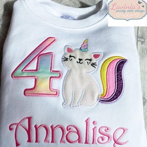 Cat Rainbow Personalised Girls Birthday T-Shirt, Unicorn Cat, Rainbow Caticorn T-Shirt, Sweatshirt, Embroidered Cat Birthday Number T-Shirt