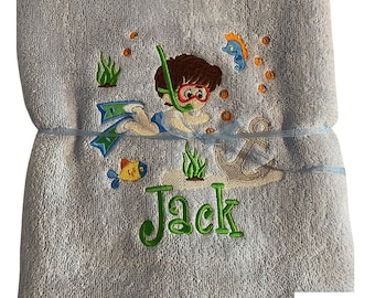 Embroidered Kids Bath Towel, Personalised Name, Swimming Design