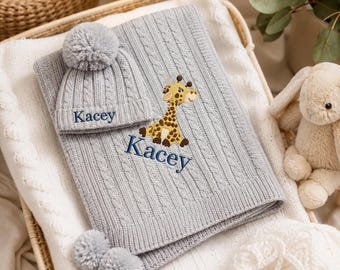 Conjunto personalizado de manta y gorro de punto para bebé, jirafa bordada, regalo para baby shower