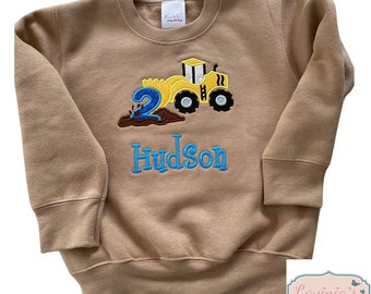 Personalised Yellow Digger Truck Number Sweatshirt/T-Shirt, Custom Name Number T-Shirt, Embroidered Digger Tractor Top, Any Age Name Gifts