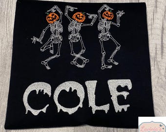 Personalised Halloween Dancing Skeleton Top, Skeleton Pumpkin Head T-Shirt, Fancy Dress Party Top, Halloween Skeleton Embroidery T shirt