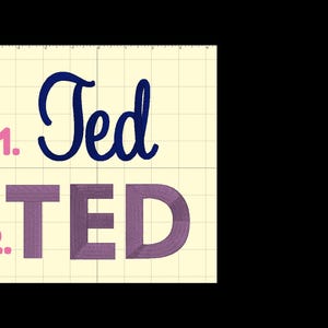Puede incluir: Una vista previa de dise&ntilde;o de bordado digital sobre un fondo de cuadr&iacute;cula. La opci&oacute;n 1 presenta el nombre Ted en una fuente cursiva azul oscuro. La opci&oacute;n 2 muestra el nombre TED en una fuente de letras de bloque moradas con textura.