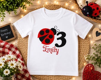 Girls Ladybird Birthday T-Shirt, Embroidered Custom Name Top