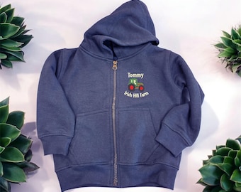 Felpa con cappuccio personalizzata per bambini con trattore, giacca con zip e nome ricamato