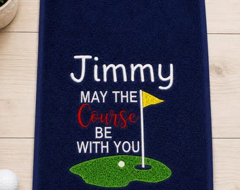 Personalised Golf Towel, Embroidered Course Design, "May the Course Be With You"