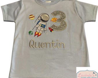 Personalised Spaceman Birthday Shirt, Embroidered Rocket Tee