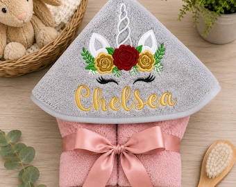 Personalised Unicorn Hooded Towel, Embroidered Kids Bath Towel