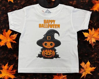 Happy Halloween Witch Pumpkin T-Shirt, Printed Pumpkin T-Shirt, Boys, Girls Fancy Dress Party Top, Halloween Witch T shirt, Gifts