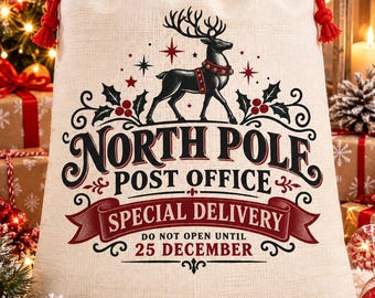 North Pole Santa Sack, Christmas Gift Bag, Special Delivery Reindeer Present Sack, Large Christmas Stocking, Father Christmas Gift Bag
