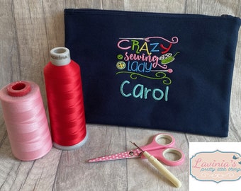Personalised Sewing Bag Pouch, Personalised Embroidered Sewing Bag Zip Opening, Crazy Sewing Lady Bag, Ideal Fun Gifts