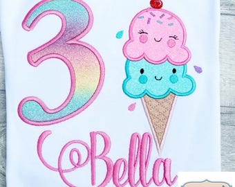 Embroidered Ice Cream Birthday T-Shirt, Custom Name Top