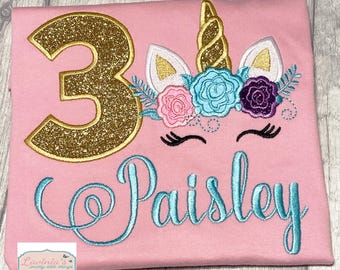 Glitter Unicorn Birthday T-Shirt, Embroidered Personalised Girls Top