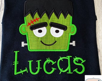 Kids Personalised Frankenstein Halloween T-Shirt, Halloween Fancy Dress Top, Halloween Party, Embroidered Frankenstein T-Shirt Party Gifts