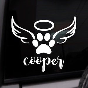 Dog Name Paw Angel Wings Halo Car Decal, Vinyl Sticker, Custom Color Decal