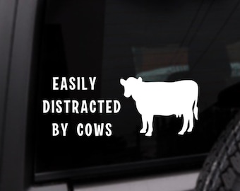 Easily Distracted By Cows Decal, Personalized Vinyl Sticker, Custom Color Decal