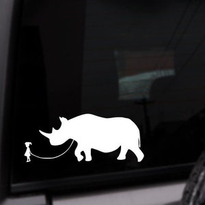 Little Girl With Pet Rhino On A Leash Decal, Funny Car Decal, Personalized Sticker, Custom Color Decal, Animal Lover Gift, Rhino Sticker