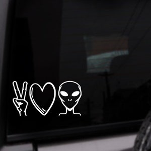 Peace Love Aliens Area 51 UFO Car Decal, Yeti / Laptop / Mac Book / Computer Sticker, Personalized Vinyl Sticker, Custom Color Decal