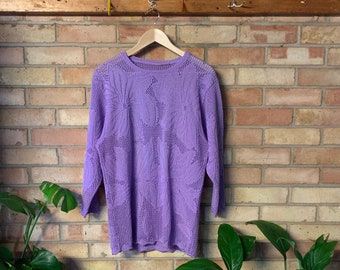 VINTAGE 1980s 1990s Purple Open Weave Floral Knit Jumper - Medium/Large 16/18 - 80s 90s Crew Neck Half Sleeve Sweater