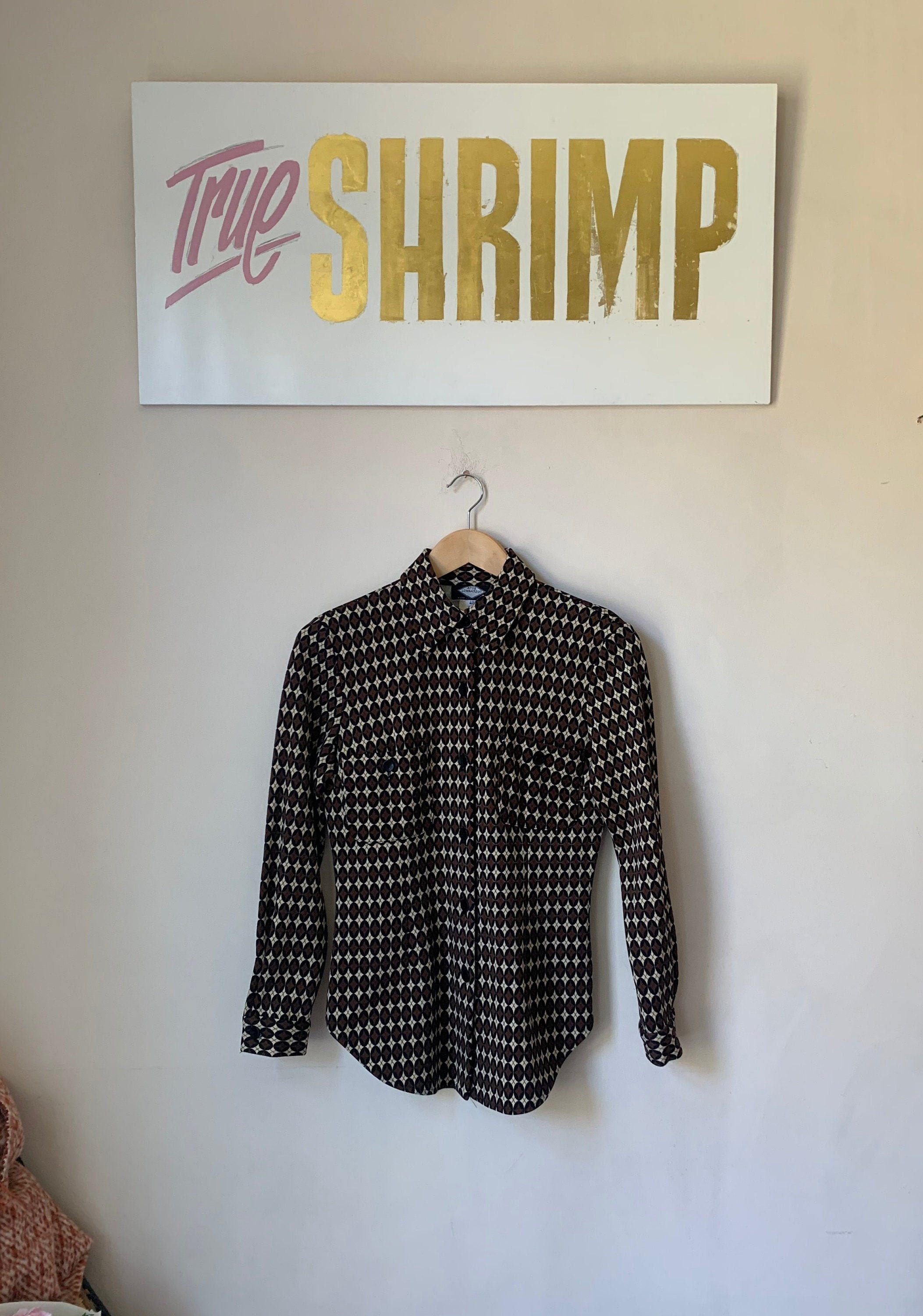 Image of Vintage Atos Lombardini Fitted Printed Shirt - Size Small / S Brown, Black, Beige Print