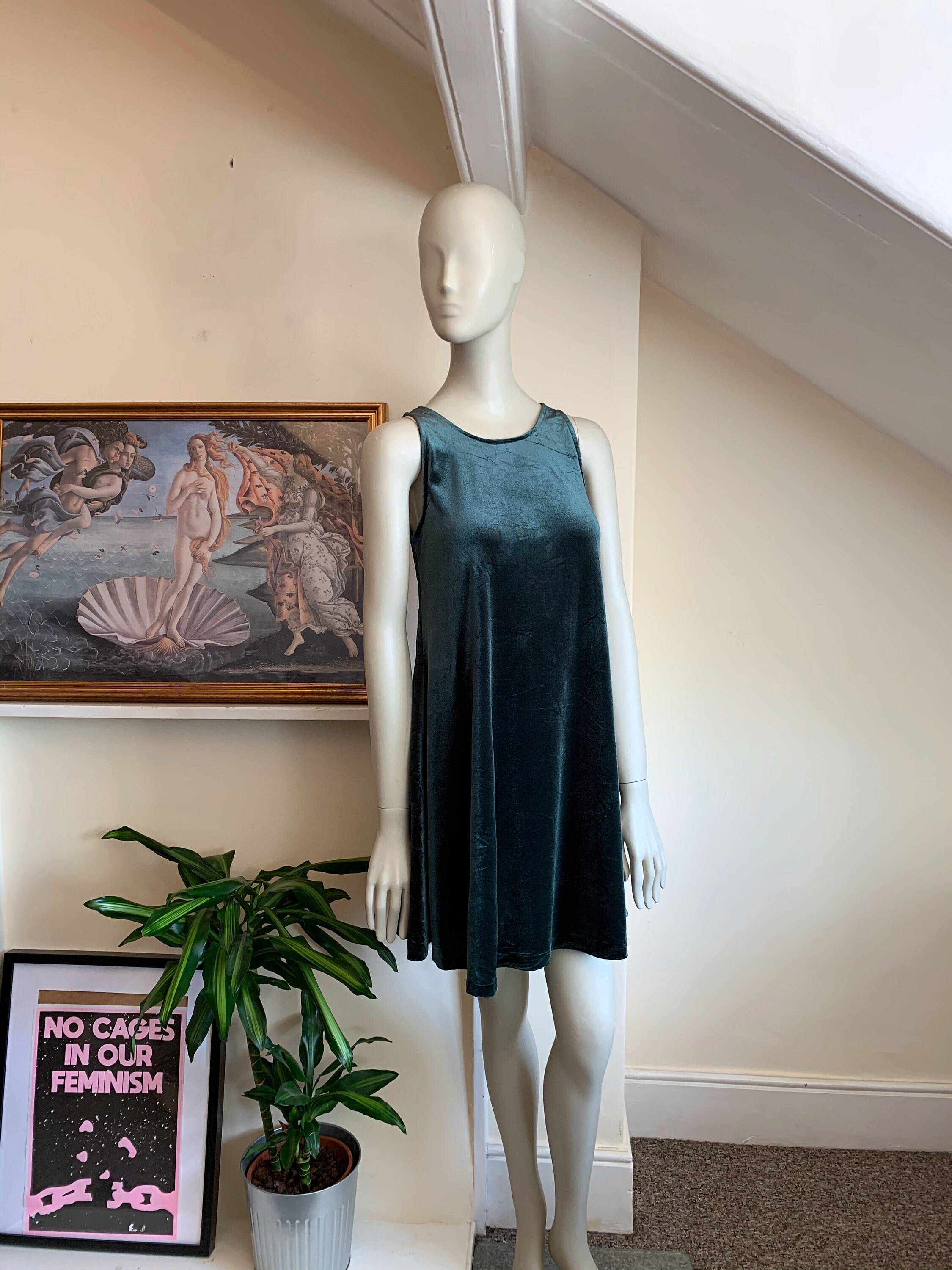 Image of Vintage S Velvet Green Swing Dress - Xs S Sleeveless Forest